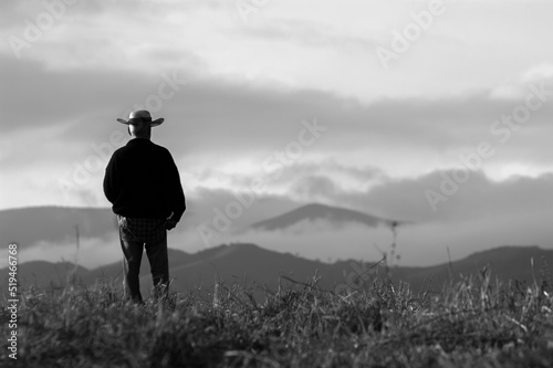 cowboy from the back looking at mountain landscape