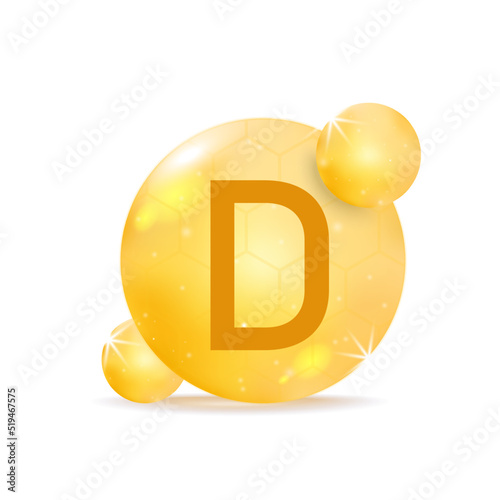 Vitamin D golden icon. Drop vitamin pill capsule.
