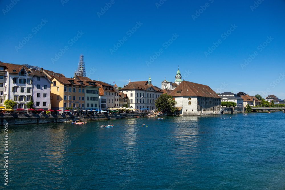 Panoramic view over River Aare in the city center of Solothurn - travel photography