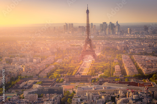 Eiffel tower and La Defense at dramatic sunrise Paris, France