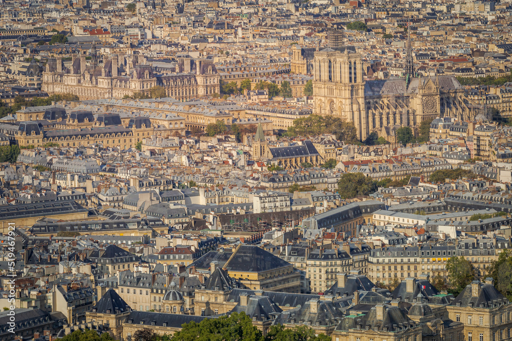 Quarter latin roofs and Notre Dame Cathedral at sunrise Paris, France