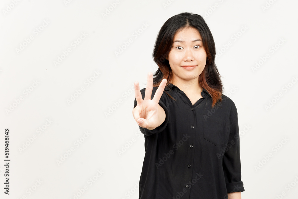 Showing count Three finger of Beautiful Asian Woman Isolated On White Background Showing count Three finger of Beautiful Asian Woman Isolated On White Background