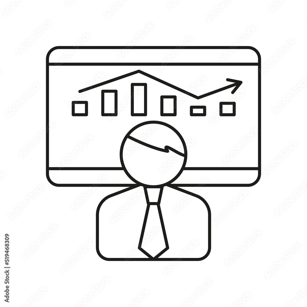 Businessman, monitor, analytics concept line icon. Simple element illustration. Businessman, monitor, analytics concept outline symbol design from business set on white background Businessman, monitor, analytics concept line icon. Simple element illustration. Businessman, monitor, analytics concept outline symbol design from business set on white background
