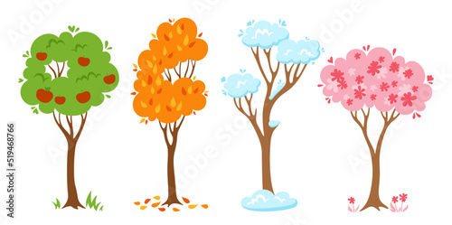 Tree four season flat cartoon set. Spring, summer and autumn, winter. Forest or park abstract stylized plant, nature eco botanical collection. Deciduous tree with leaves and lush crowns vector