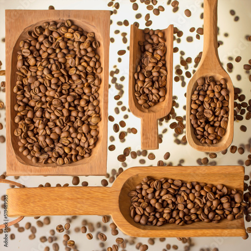 Composition of scoops and a tray floating on several planes among coffee beans and white background. Picture with an effect of oil painting.