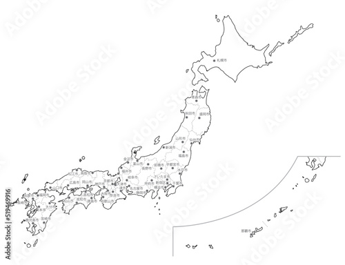 日本 白地図 全土（県庁所在地）