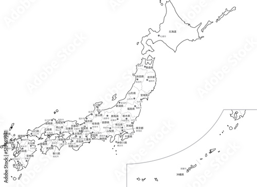 日本 白地図 全土（県名・県庁所在地） 
