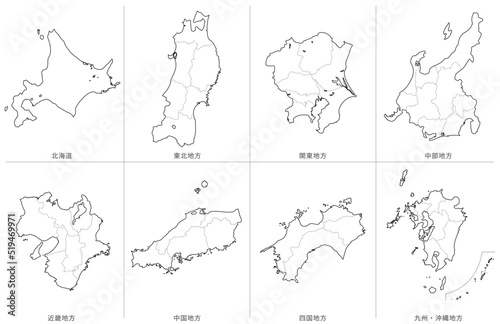 日本　白地図　地方区分　全土（県境線）