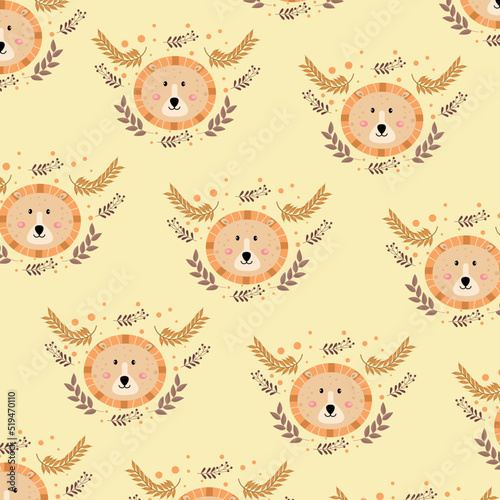 Lion's head. Hand drawn background. Colorful seamless pattern with animal muzzles. Decorative cute wallpaper, great for printing