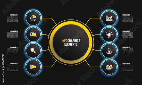 Vector infographic template with 3D paper label, integrated circles. Business concept with 8 options. For content, diagram, flowchart, steps, parts, timeline infographics, workflow, chart.