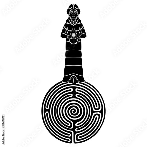 Mesopotamian goddess holding water jar standing on a round spiral maze or labyrinth symbol. Creative mythological feminist concept. Inanna or Ishtar. Black and white silhouette.