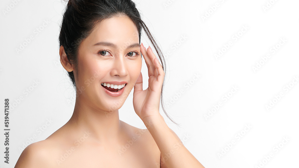 Beautiful young asian woman with clean fresh skin on white background, Face care, Facial treatment, Cosmetology, beauty and spa, Asian women portrait.