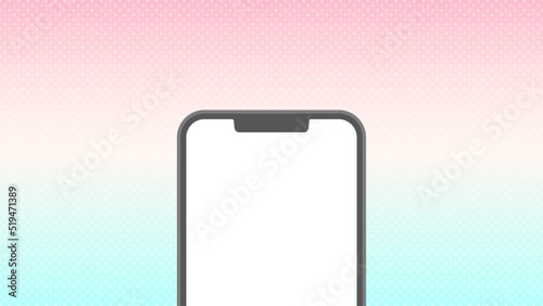 ピンクと水色のグラデーションに水玉模様のかわいい背景に画面が白いスマートフォンのイラスト