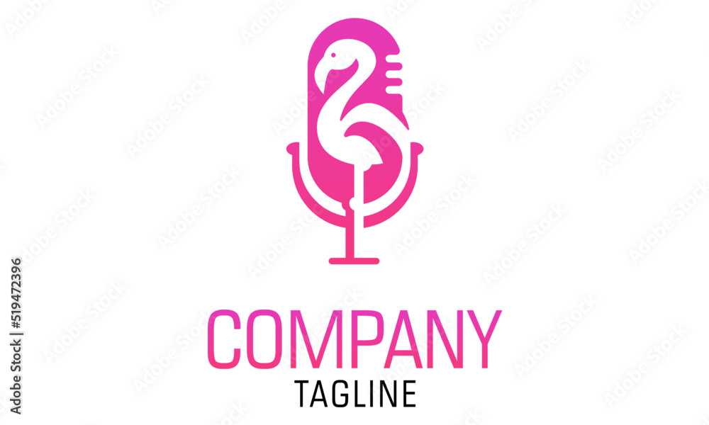 Pink Color Flamingo Bird Mic Podcast Logo Design Pink Color Flamingo Bird Mic Podcast Logo Design