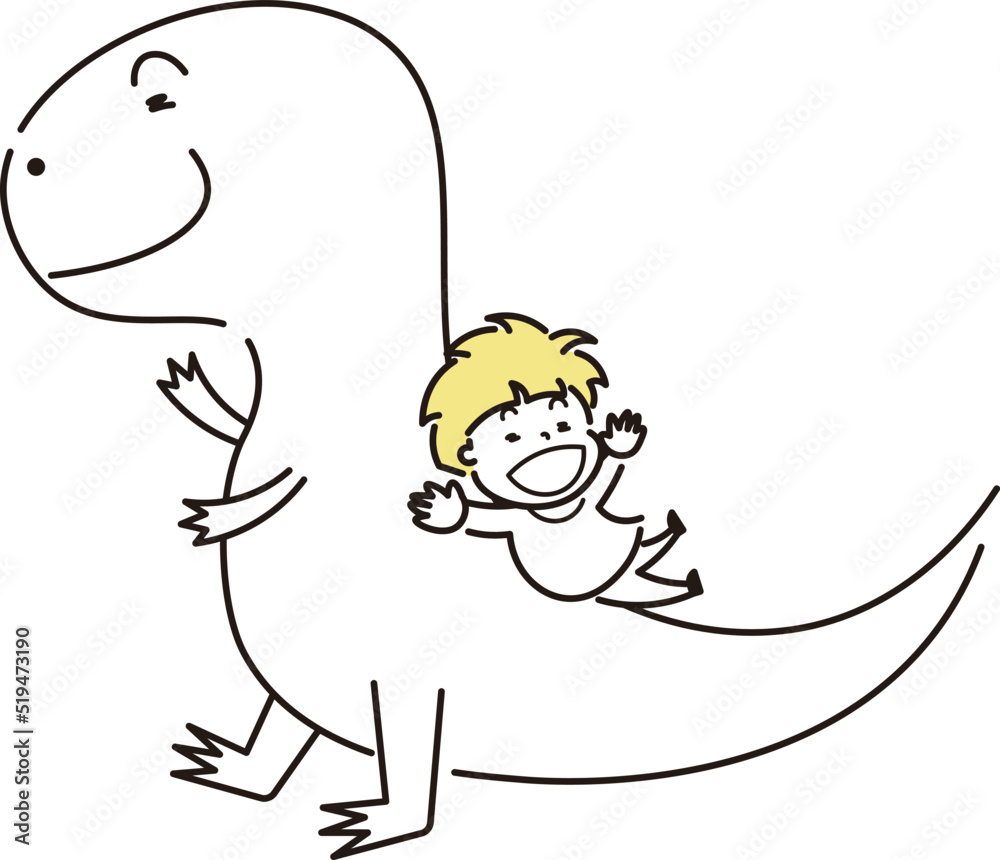 ティラノサウルスの背中を滑って遊ぶ子供のイラスト素材