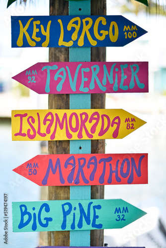 Colorful Florida Keys directional sign with Key Largo, Tavernier, Islamorada, Marathon, and Big Pine Key.  photo