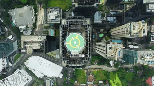 Drone view of helipad on the roof of skyscraper