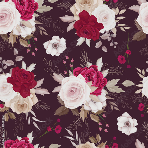 Floral seamless pattern of brown and maroon roses and leaves arrangements