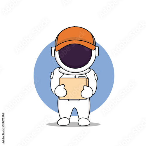 
Cute astronaut courier with cat ears holding paper box, flat vector illustration isolated on white background. Futuristic artificial intelligence delivery. Cartoon character of astronaut mascot.