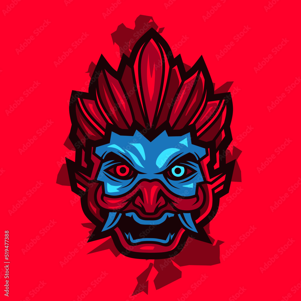 Samurai face cyberpunk style logo vector fiction illustration. Isolated tshirt design with red background. 