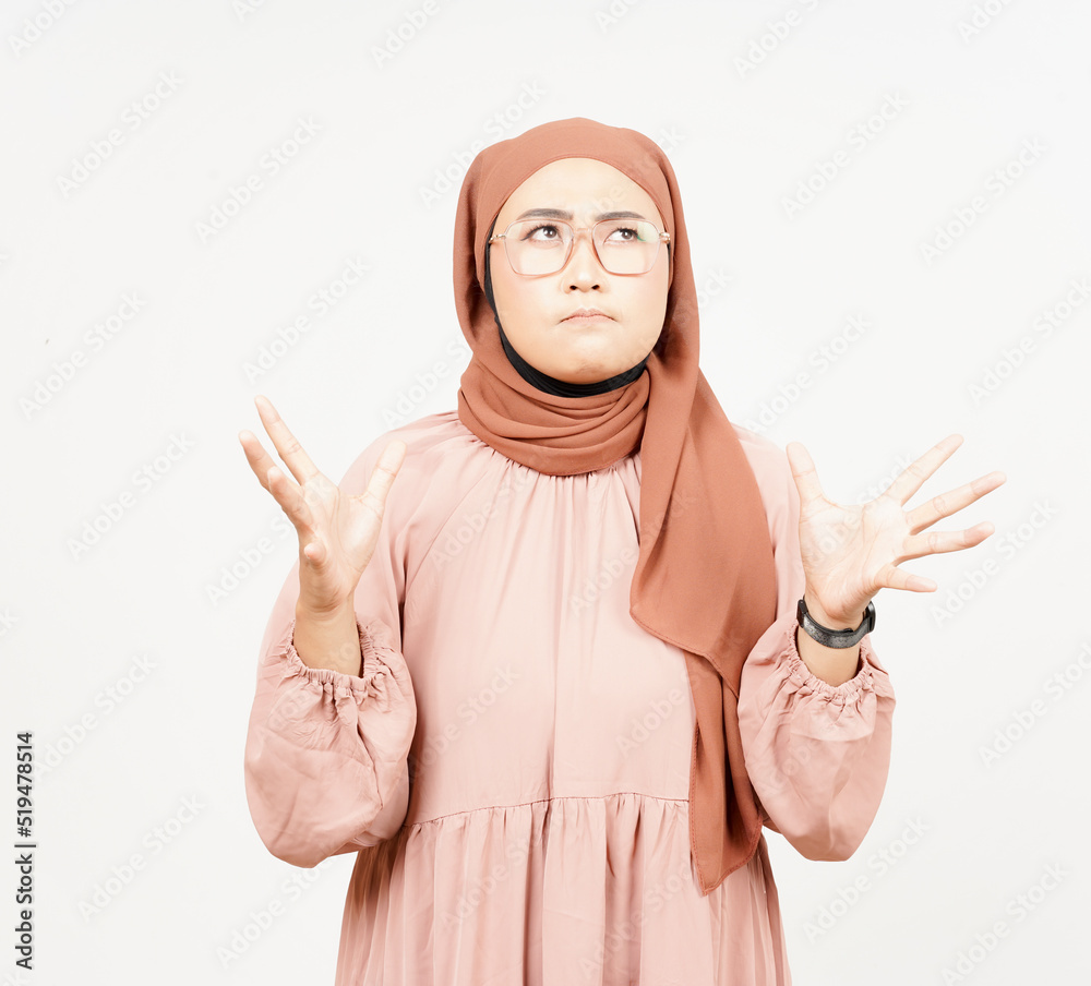 Screaming and angry expression of Beautiful Asian Woman Wearing Hijab Isolated On White Background Screaming and angry expression of Beautiful Asian Woman Wearing Hijab Isolated On White Background