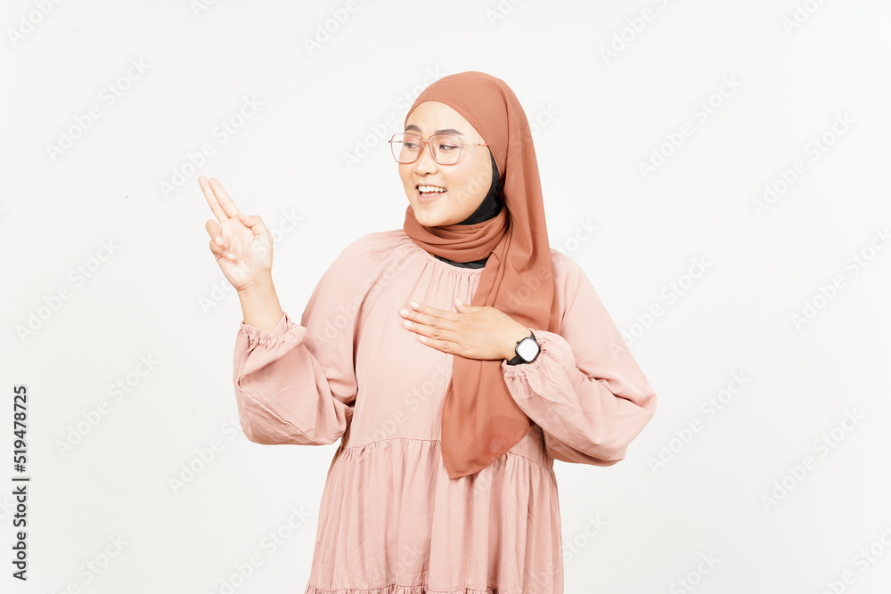 Swearing Gesture, Make an Oath of Beautiful Asian Woman Wearing Hijab Isolated On White Background Swearing Gesture, Make an Oath of Beautiful Asian Woman Wearing Hijab Isolated On White Background