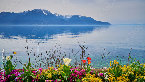 A landscape of Lake Geneva on a sunny day from the lakeside promenade at Montreux city, Switzerland