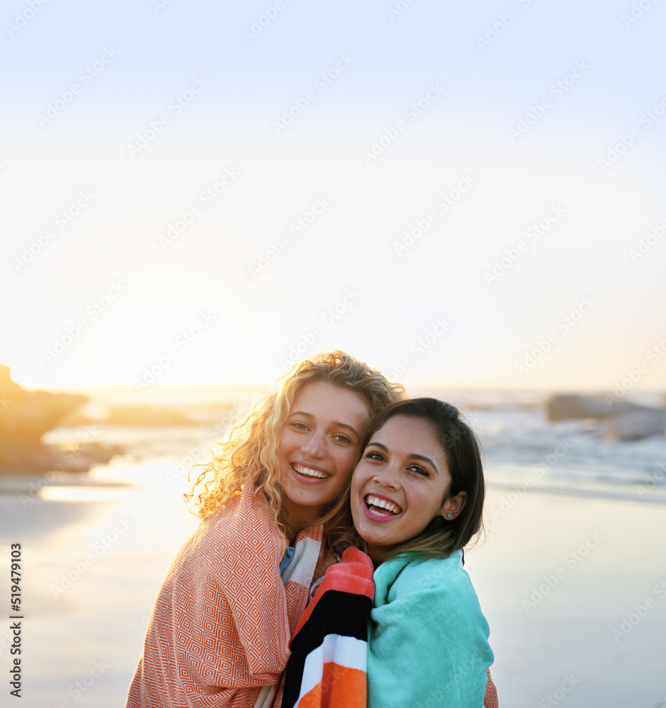 best friends hugging on beach at sunset two beautiful women smiling happy enjoying friendship