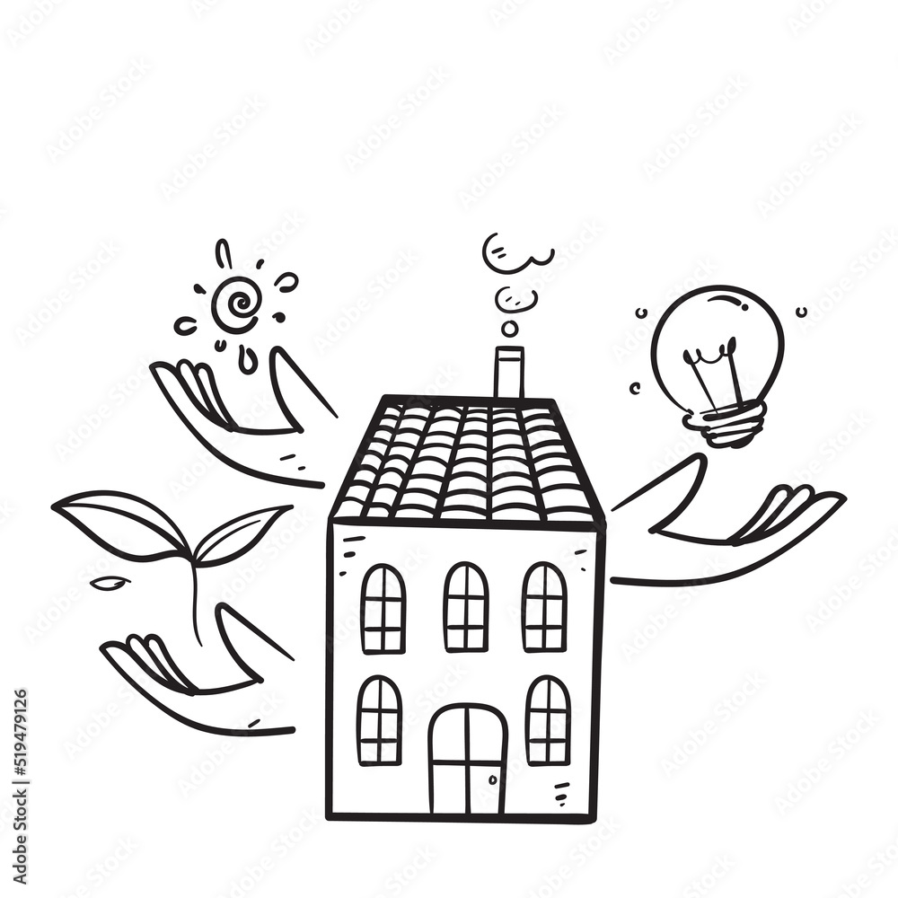 hand drawn doodle house with electric bulb and plant symbol for eco living illustration