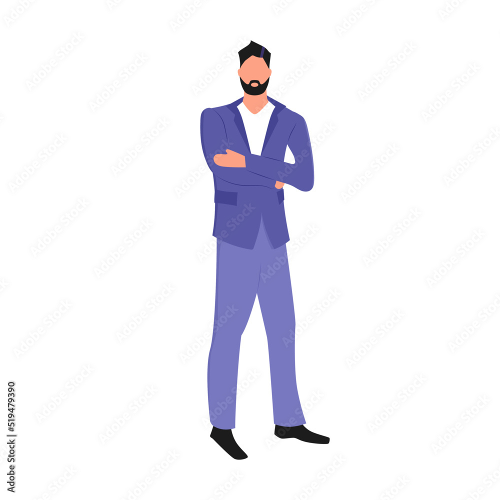 A man with a beard in a stylish suit stands with crossed arms. Flat vector illustration isolated on a white background.