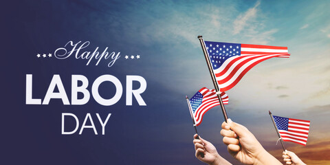 Hands hold American flag with happy labor day text