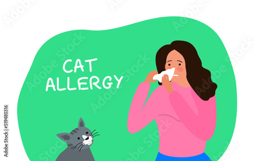 sneezing woman cat allergy vector illustration