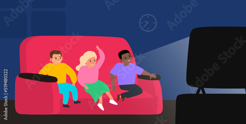 children watching tv sitting on the sofa vector illustration