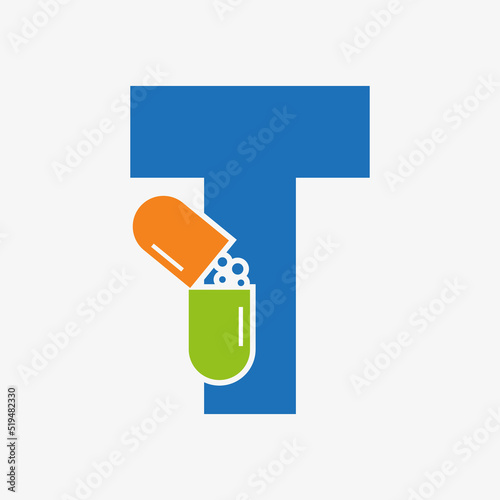 Letter T Medicine Tablet Logo Concept for Healthcare Logo Sign Vector Template