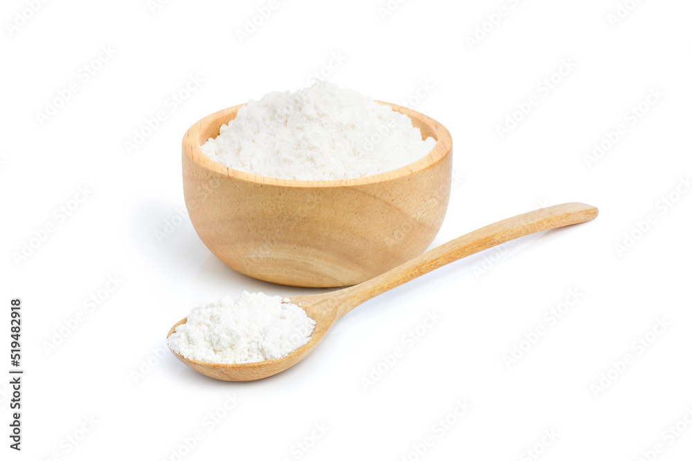 Tapioca starch (potato flour or powder) in wooden bowl and spoon isolated on white background. Tapioca starch (potato flour or powder) in wooden bowl and spoon isolated on white background.