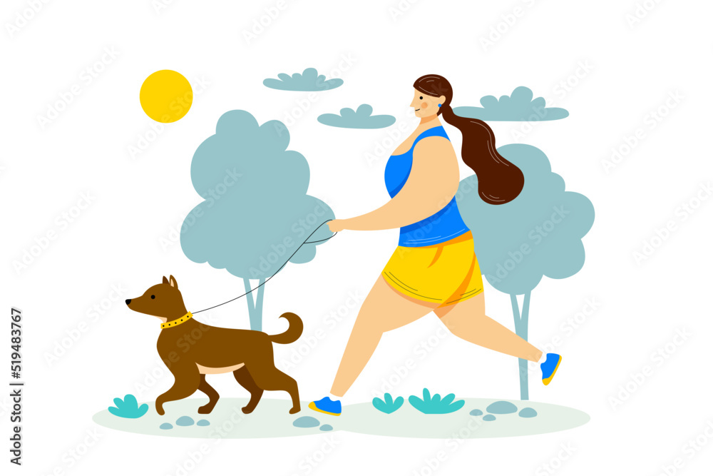 woman running with her dog illustration vector