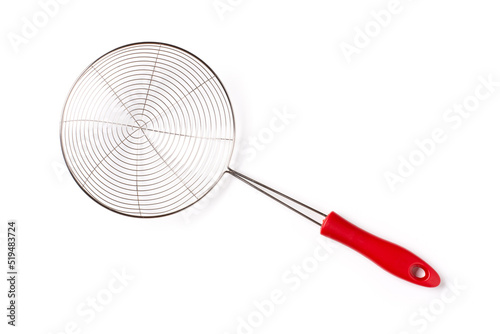 Metallic colander with long red plastic handle isolated on white background, top view, flat lay.