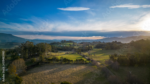 Afternoon winter sunlight over countryside in Tasmania