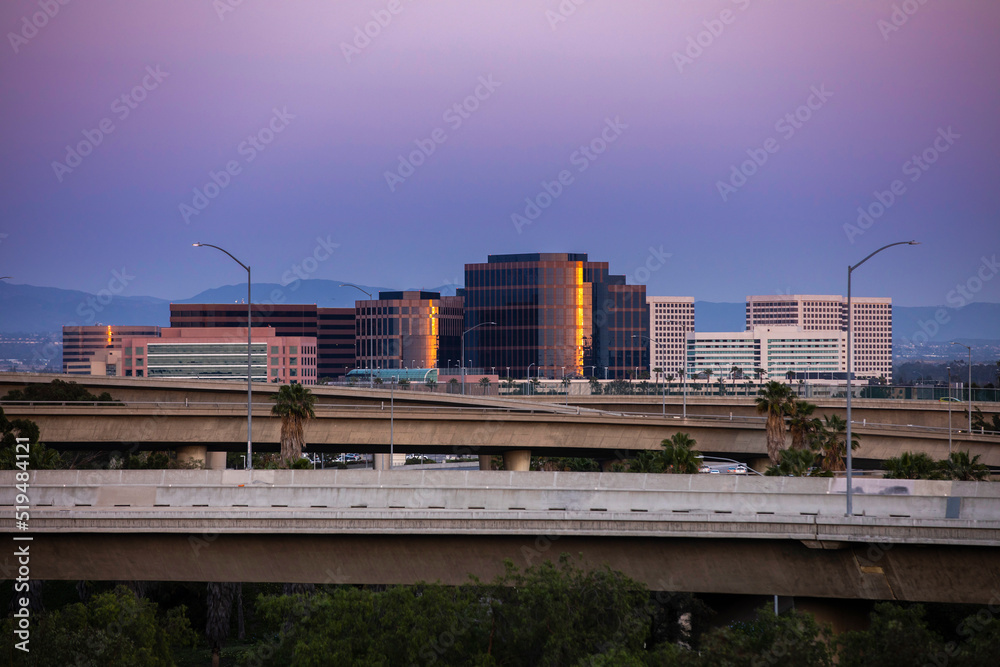Twilight skyline view of downtown Irvine, California, USA.