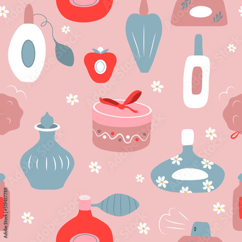 vector pattern in a flat style with a variety of perfume bottles