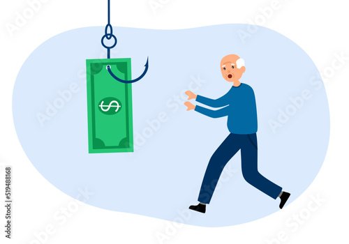 Senior man panic after money stolen via internet. Phishing scam concept vector illustration.