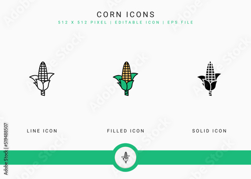 Corn icons set vector illustration with solid icon line style. Vegetable healthy concept. Editable stroke icon on isolated background for web design, user interface, and mobile application