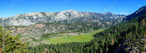 Scenic panoramic view of Leavitt Meadows in Toiyabe National Forest from Leavitt Falls Vista Point on Highway 108 in California photo