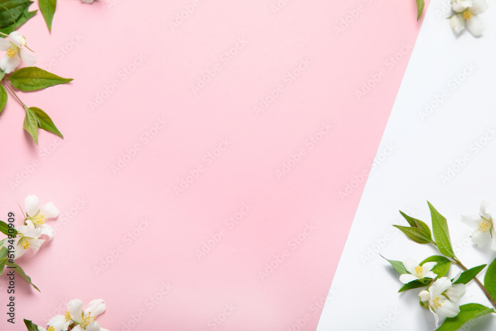 Fototapeta premium Jasmine flowers on pink background.