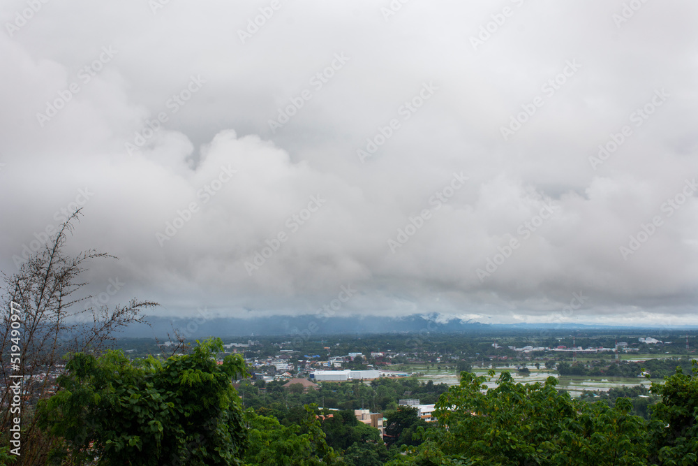 View cityscape Mae Chan hill village valley and landscape mountain Tham Luang Nang Non Cave at viewpoint for thai people and foreign travelers travel visit at Chiangrai city in Chiang Rai, Thailand