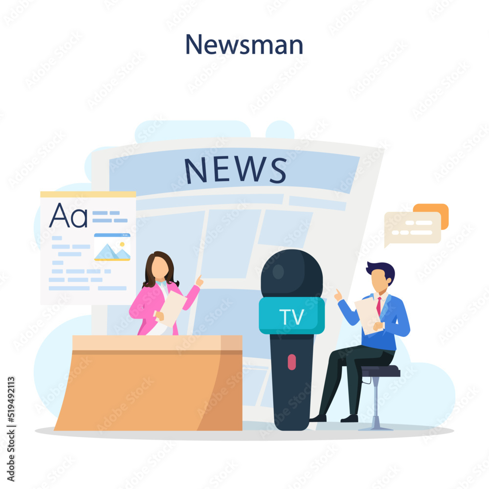 TV presenter concept. Television host in studio. Broadcaster speaking on camera, reporting news. Flat vector illustration TV presenter concept. Television host in studio. Broadcaster speaking on camera, reporting news. Flat vector illustration