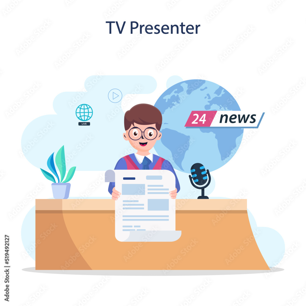 TV presenter concept. Television host in studio. Broadcaster speaking on camera, reporting news. Flat vector illustration TV presenter concept. Television host in studio. Broadcaster speaking on camera, reporting news. Flat vector illustration