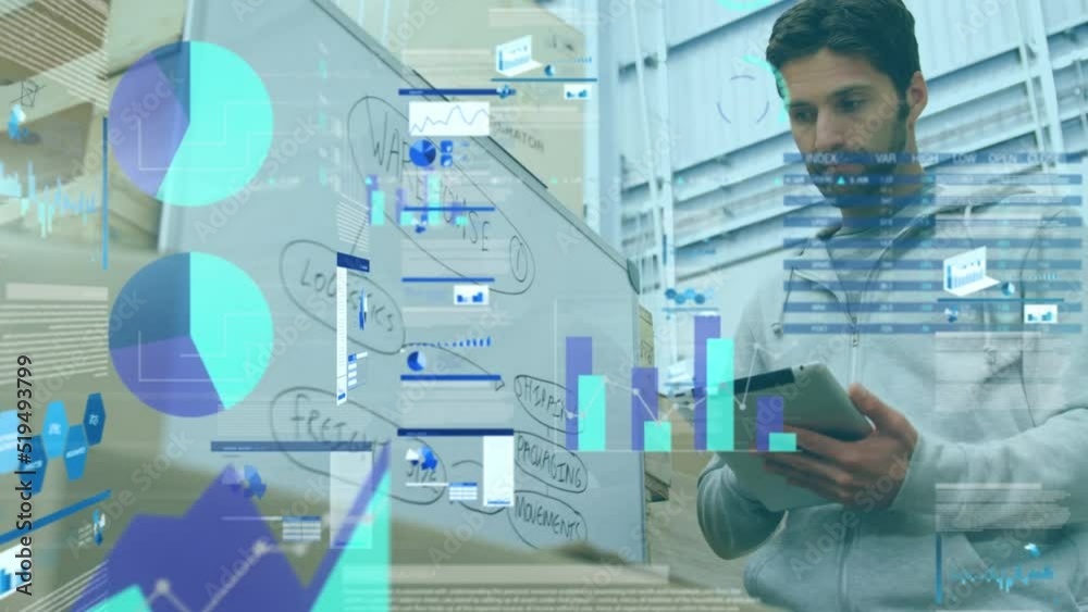 Animation of data processing over caucasian man using tablet in warehouse Animation of data processing over caucasian man using tablet in warehouse