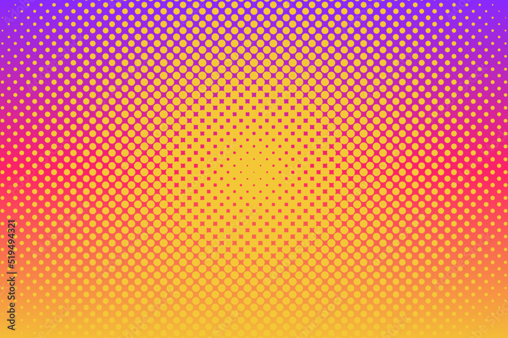Pink yellow purple pop art background with halftone dots in retro comic style. Vector illustration.