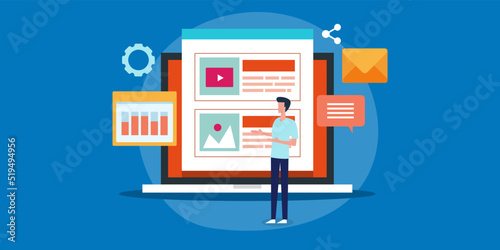 Content management system - Businessman operating cms software system for online content publication, internet technology, web banner template. 